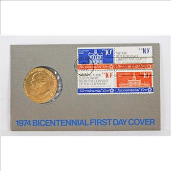 1974 American Revolution Bicentennial First Day Cover*With Bronze Medal and Four 10c Stamps