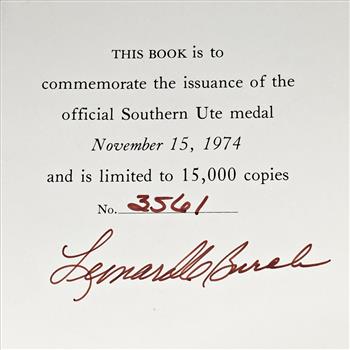 1974 The Southern Ute People's History, .80oz .999 Silver Medallion and Signature of the Tribal Chairman*Numbered
