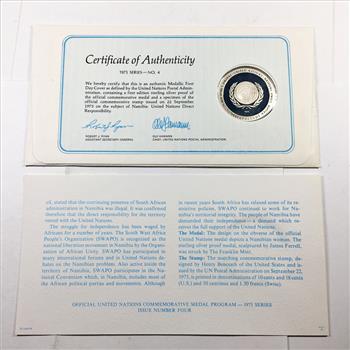 1975 Sterling Silver First Edition Proof of United Nations Namibia Commemorative Medal*With Original Stamp on FDC