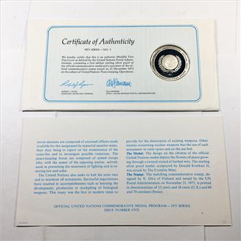 1975 Sterling Silver First Edition Proof of United Nations Peace-Keeping Commemorative Medal*With Original Stamp on FDC