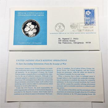 1975 Sterling Silver First Edition Proof of United Nations Peace-Keeping Commemorative Medal*With Original Stamp on FDC
