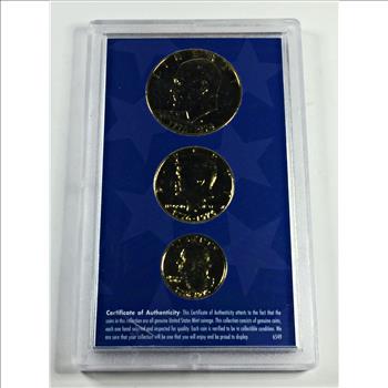 1976 24K Gold Layered US Bicentennial Coin Collection*Eisenhower Dollar, Kennedy Half Dollar and Washington Quarter
