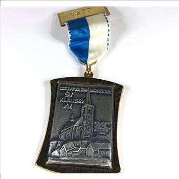 1977 German Hiking Marathon Medal Gilt and Pewter Blue and White Ribbon
