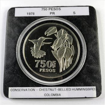 1978 Columbia Proof Silver 750 Pesos Conservation-Hummingbird Commemorative Coin*In Protective Capsule