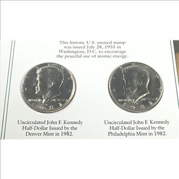 1982-D & P Kennedy Half Dollars & 2 Stamps*Encased in 9