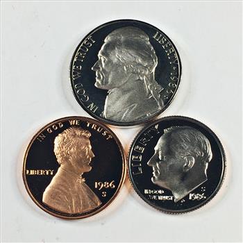 1986-S Proof Roosevelt Dime, Jefferson Nickel and Lincoln Head Memorial Cent*DCAM