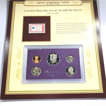 1987 United States Mint Proof Set Plus 1960 Commemorative Stamp*Custom Holder on Story Board