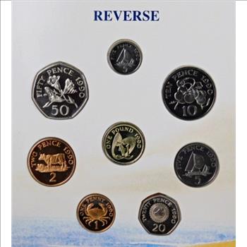 1990 Guernsey Brilliant Uncirculated Coin Collection*Eight Beautiful Coins Set in Tri-fold Story Board