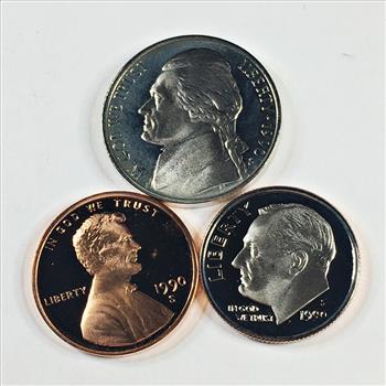 1990-S Proof Roosevelt Dime, Jefferson Nickel and Lincoln Head Memorial Cent*DCAM