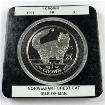 1991 Isle of Man Proof Silver 1 Crown Norwegian Forest Cat Commemorative Coin*In Protective Capsule