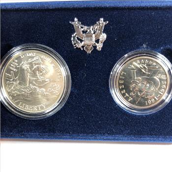 1991-1995 World War II 50th Anniversary Uncirculated Silver Dollar and Clad Half Dollar *in Original Box