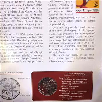 1992-P Olympic Games Commemorative Half Dollar PLUS 1992 29c Commemorative US Postage Stamp