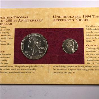 1993-P Jefferson Commemorative Silver Dollar, 1994-P Jefferson Nickel and Series 1976 $2 FRN; Philadelphia, PA*Uncirculated