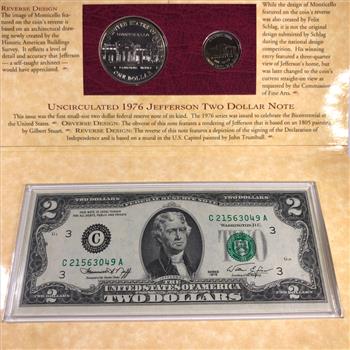 1993-P Jefferson Commemorative Silver Dollar, 1994-P Jefferson Nickel and Series 1976 $2 FRN; Philadelphia, PA*Uncirculated