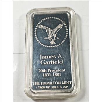1oz Silver .999 Fine Bar w/James Garfield Design Hamilton Mint