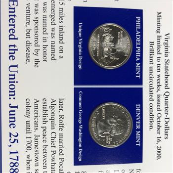 2000 Virginia State Quarter and Stamp Set High Grade Uncirculated P&D Mint Marks