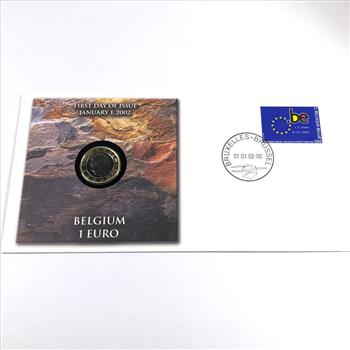 2002 Belgium 1 Euro and Commemorative Stamp on First Day of Issue Cover