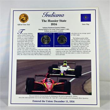 2002-D & P Indiana Commemorative State Quarters*Uncirculated with 3 Stamps*Encased in 9