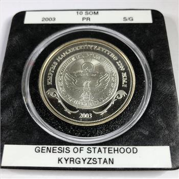 2003 Kyrgyzstan Proof Genesis of Statehood 10 Som Coin*.925 Fine Silver; Highlighted in 24K Gold*DCAM*In Protective Capsule