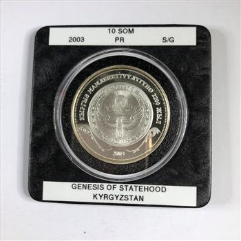 2003 Kyrgyzstan Proof Genesis of Statehood 10 Som Coin*.925 Fine Silver; Highlighted in 24K Gold*DCAM*In Protective Capsule