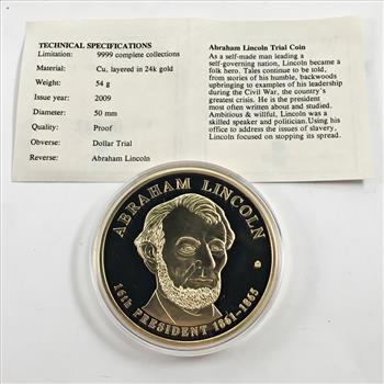 2009 24K Gold Layered Abraham Lincoln Trial Coin*50mm*Proof*Protective Capsule