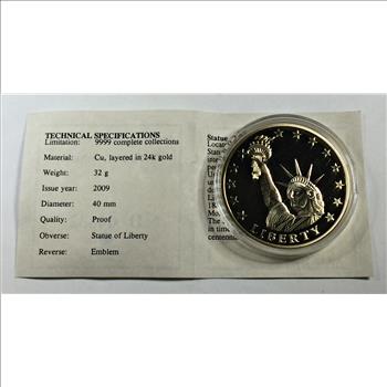 2009 24K Gold Layered Statue of Liberty Medallion/Coin*40mm Proof*In Protective Capsule with COA