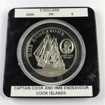 2009 Cook Islands Proof Silver $5 Captain Cook & HMB Endeavour Commemorative Coin*In Protective Capsule