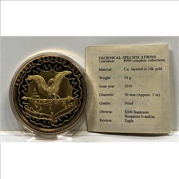 2010 24K Gold Layered Franklin $100 Banknote Commemorative Medallion*50mm*Proof in Protective Capsule