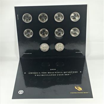 2010 America the Beautiful Quarters Uncirculated Coin Set*10 P & D Quarters in Capsules and Tri-fold Story Board