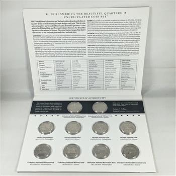 2011 America the Beautiful Quarters Uncirculated Coin Set*10 P & D Quarters in Capsules and Tri-fold Story Board