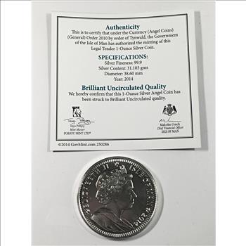 2014 Isle of Man 1oz .999 Fine Silver Angel Coin*Brilliant Uncirculated*In Original Packet with COA