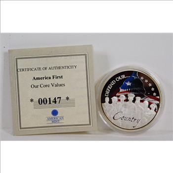 2017 Colorized Silver Plated Medallion Commemorating Our Core Values*America First*40mm Diameter