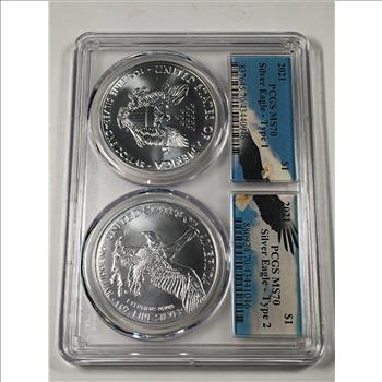 2021 Type 1 & Type 2 American Silver Eagles Set*Graded MS70 by PCGS*2oz .999 Fine Silver*Custom Holder