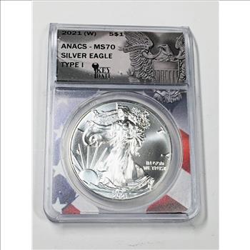 2021-(W) American Silver Eagle Type I*Graded MS70 by ANACS*1oz .999 Fine Silver