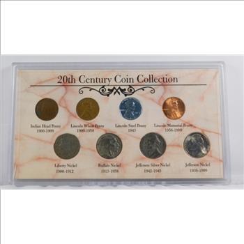 20th Century Coin Collection - Eight Vintage Coins of the United States Including World War II Cent and Silver Nickel