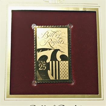 22K Gold Replica Stamp on FDC*1989 Bill of Rights*Postmarked with Original 25c Stamp