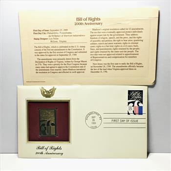 22K Gold Replica Stamp on FDC*1989 Bill of Rights*Postmarked with Original 25c Stamp
