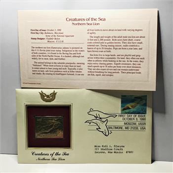 22K Gold Replica Stamp on FDC*1990 Creatures of the Sea; Northern Sea Lion*Postmarked w/ Original 25c Stamp