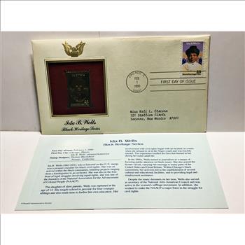 22K Gold Replica Stamp on FDC*1990 Ida B. Wells; Black heritage Series*Postmarked w/ Original 25c Stamp