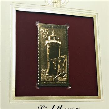 22K Gold Replica Stamp on FDC*1990 Lighthouses; Admirally Head, Washington*Postmarked with Original 25c Stamp