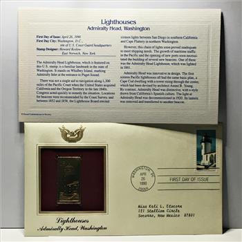 22K Gold Replica Stamp on FDC*1990 Lighthouses; Admirally Head, Washington*Postmarked with Original 25c Stamp