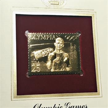 22K Gold Replica Stamp on FDC*1990 Olympic Games; Boxing and Bobsledding*Postmarked w/ Original 25c Stamp