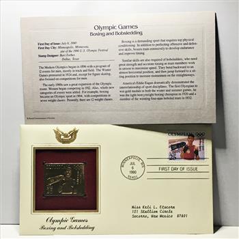 22K Gold Replica Stamp on FDC*1990 Olympic Games; Boxing and Bobsledding*Postmarked w/ Original 25c Stamp