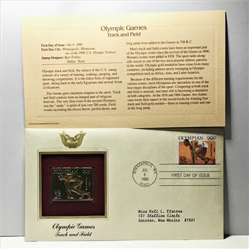 22K Gold Replica Stamp on FDC*1990 Olympic Games; Track & Field*Postmarked w/ Original 25c Stamp