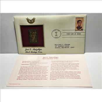 22K Gold Replica Stamp on FDC*1991 Jan E. Matzeliger; Black Heritage Series*Postmarked w/ Original 29c Stamp