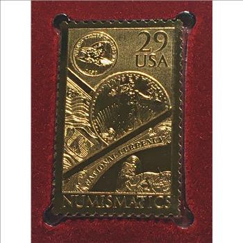 22K Gold Replica Stamp on FDC*1991 Numismatics; Coin and Currency Collecting*Postmarked w/ Original 29c Stamp