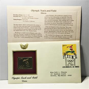 22K Gold Replica Stamp on FDC*1991 Olympic Track & Field; Discus*Postmarked w/ Original 29c Stamp