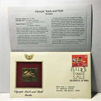 22K Gold Replica Stamp on FDC*1991 Olympic Track & Field; Hurdles*Postmarked w/ Original 29c Stamp