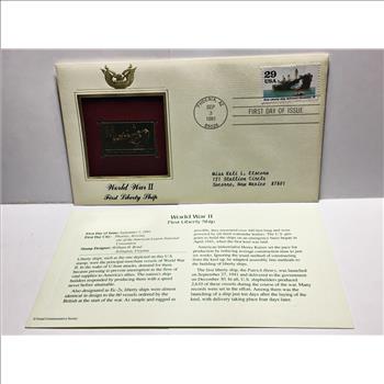 22K Gold Replica Stamp on FDC*1991 World War II; First Liberty Ship*Postmarked w/ Original 29c Stamp