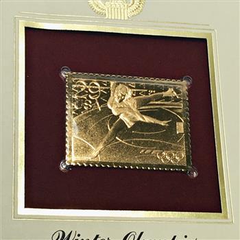 22K Gold Replica Stamp on FDC*1992 Winter Olympics; Figure Skating*Postmarked w/ Original 29c Stamp